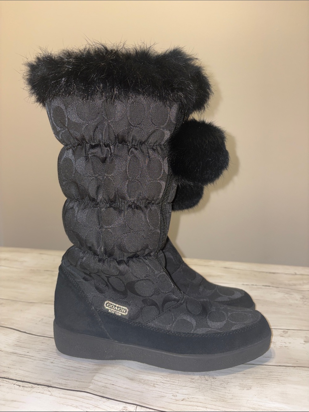 Coach Black Signature Quilted Winter Boots with Fur Pom-Poms size 7.5